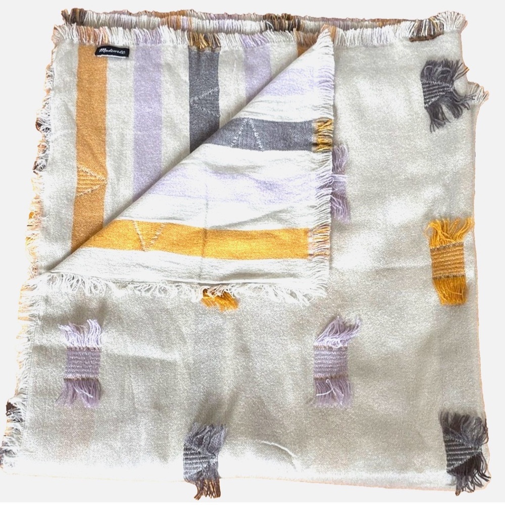 Madewell Striped Fringe Throw Blanket Gold Gray Lavender Woven Soft Cozy